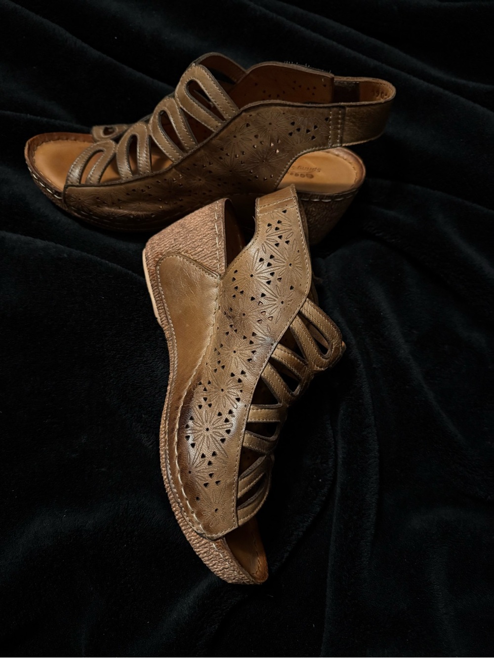 Spring Step Brown Perforated Leather Wedge Sandals, never worn